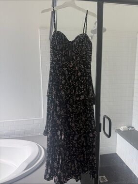 Lulu's Black Floral Tiered Midi Dress with Pink Accents